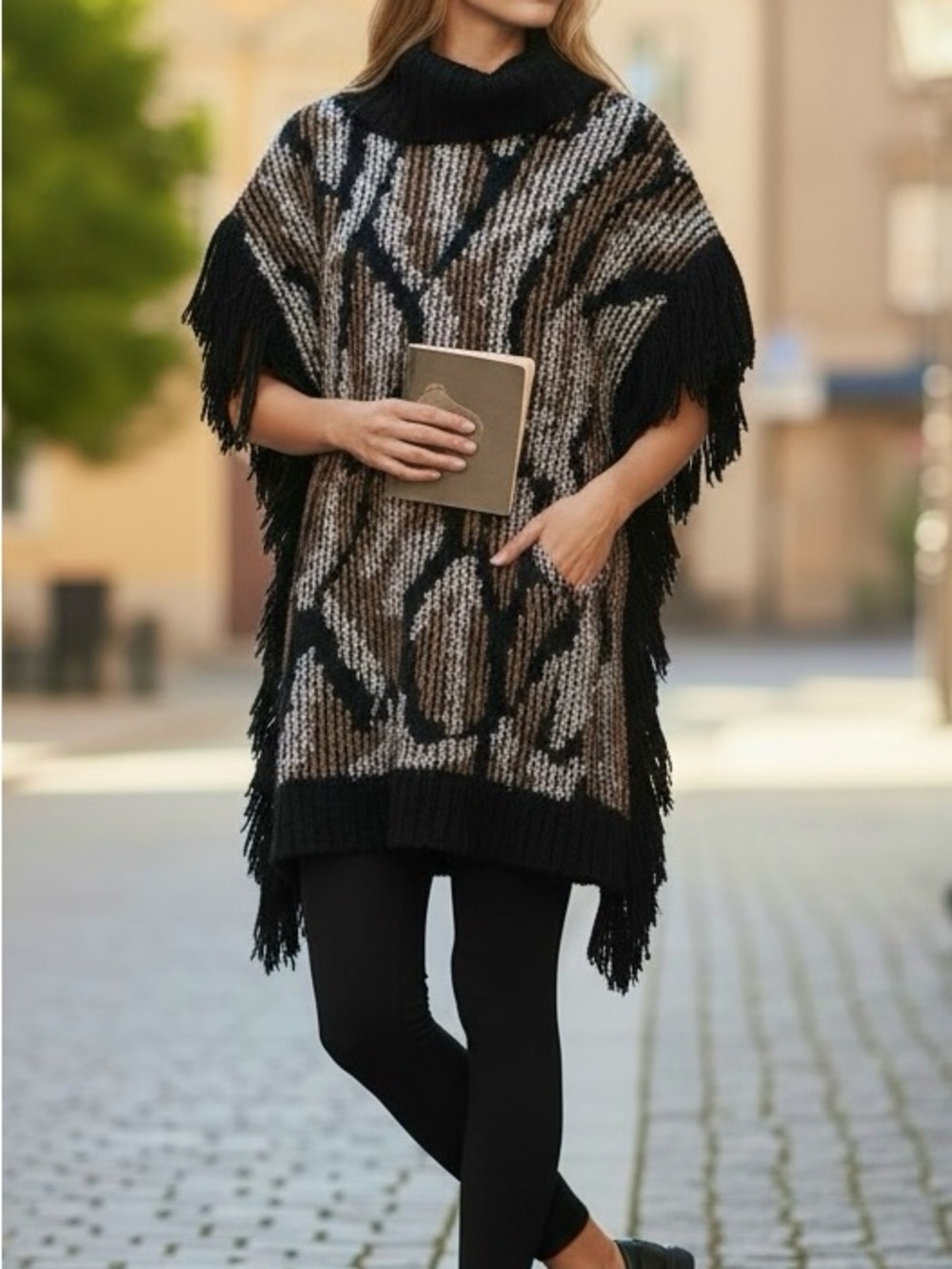 BCBGMAXAZRIA Alpaca Wool Poncho Cowl Neck Fringe Boho Chic Oversized Sweater M/L